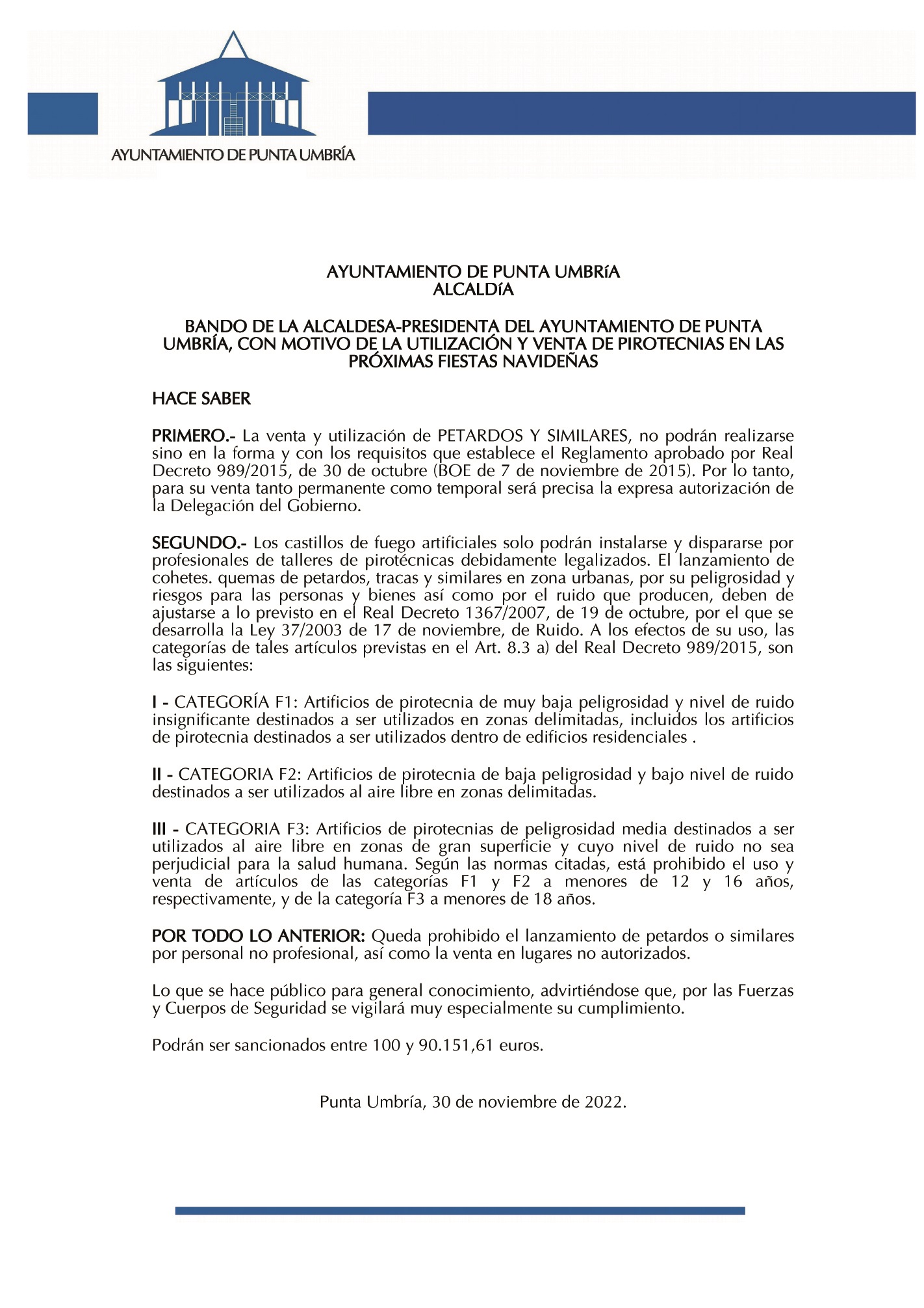 El Ayuntamiento de Punta Umbría limita a profesionales la venta y el lanzamiento de productos pirotécnicos