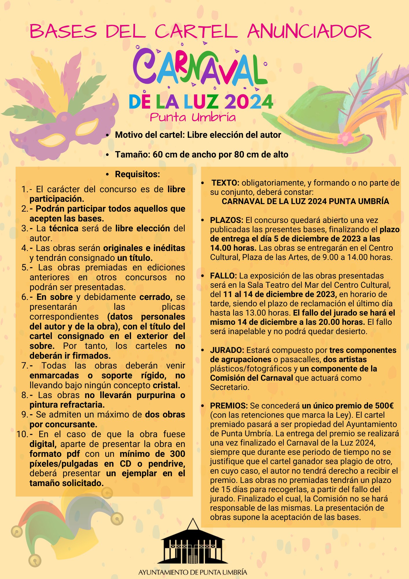 El plazo para participar en el concurso del cartel anunciador del Carnaval de la Luz 2024 de Punta Umbría finaliza mañana martes