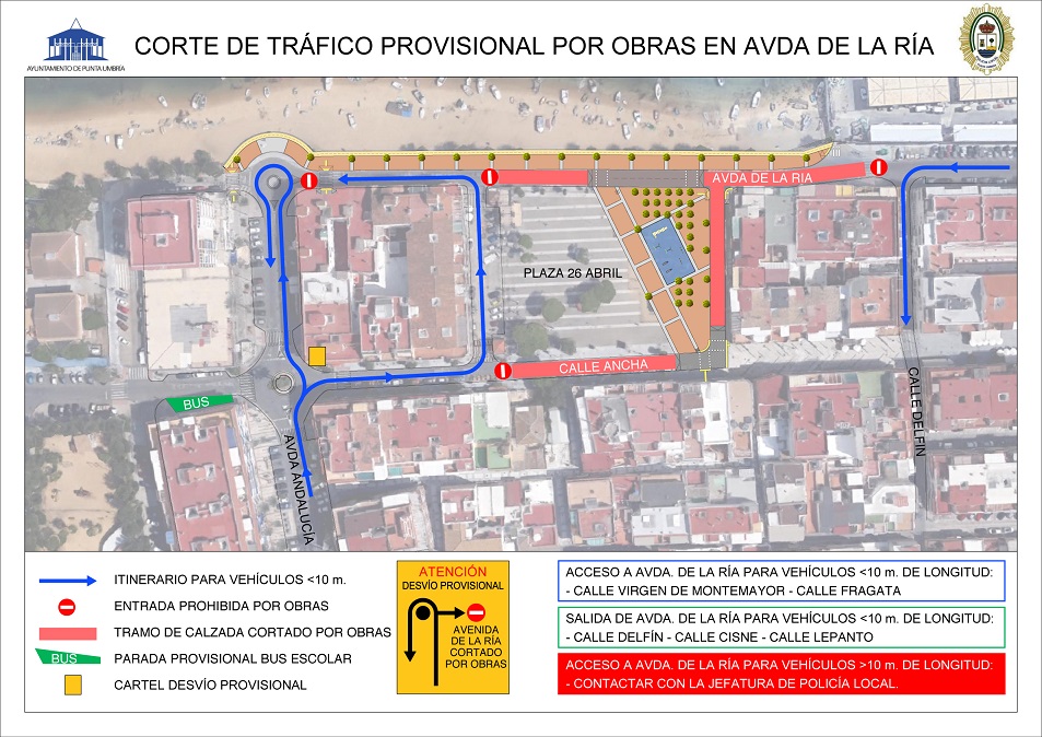 Programan un corte de tráfico en la avenida de la Ría de Punta Umbría a partir del lunes y durante una semana por las obras de la plaza 26 de Abril