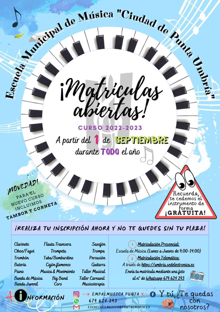 La Escuela Municipal de Música de Punta Umbría reabre el plazo de inscripción para este curso